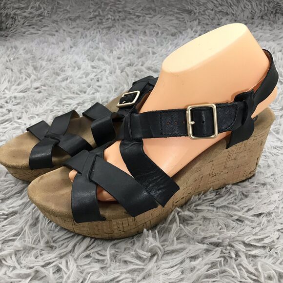CLARKS ARTISAN BLACK LEATHER WEDGE CORK Straps SANDALS 10M - Picture 1 of 9